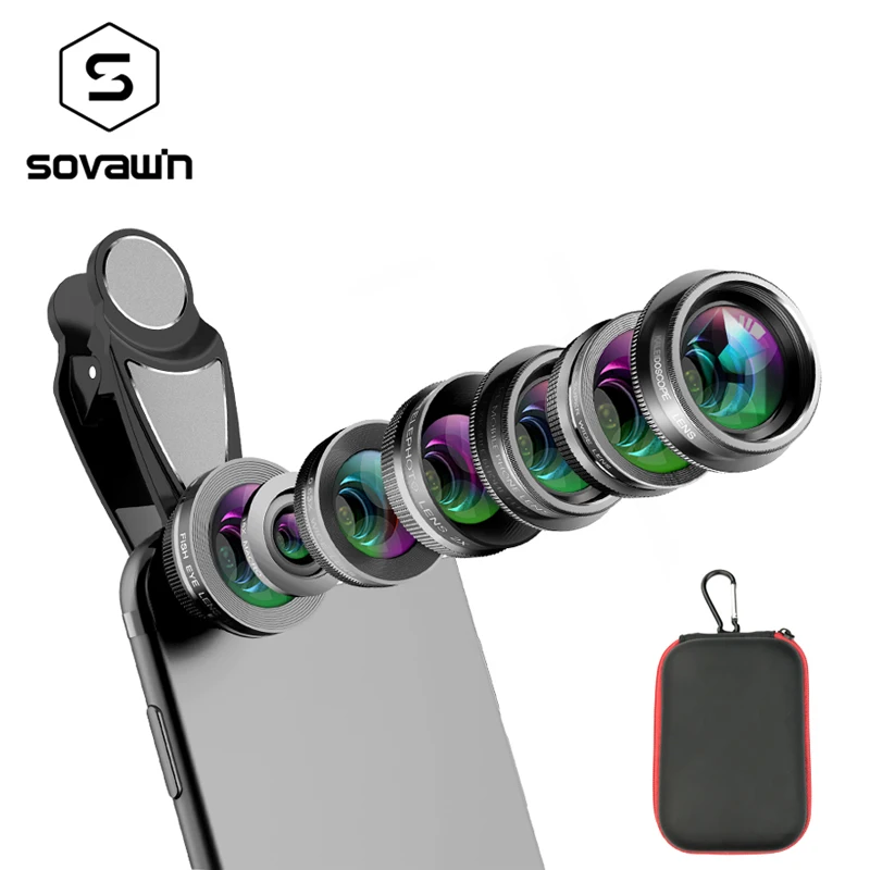 

Sovawin 7 in 1 Universal Mobile Phone Fisheye Lenses Clip-on Lens 198 Degree Fish Eye 0.63X Wide Angle 15X Macro Camera Lens Kit