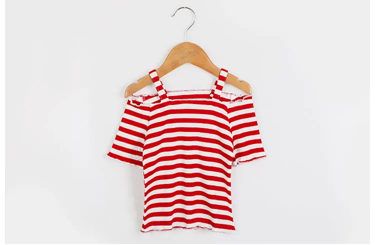 Детей и подростков футболка для девочек 2018 летние красно-белую полоску с открытыми плечами Хлопок Половина рукава Большие футболки для