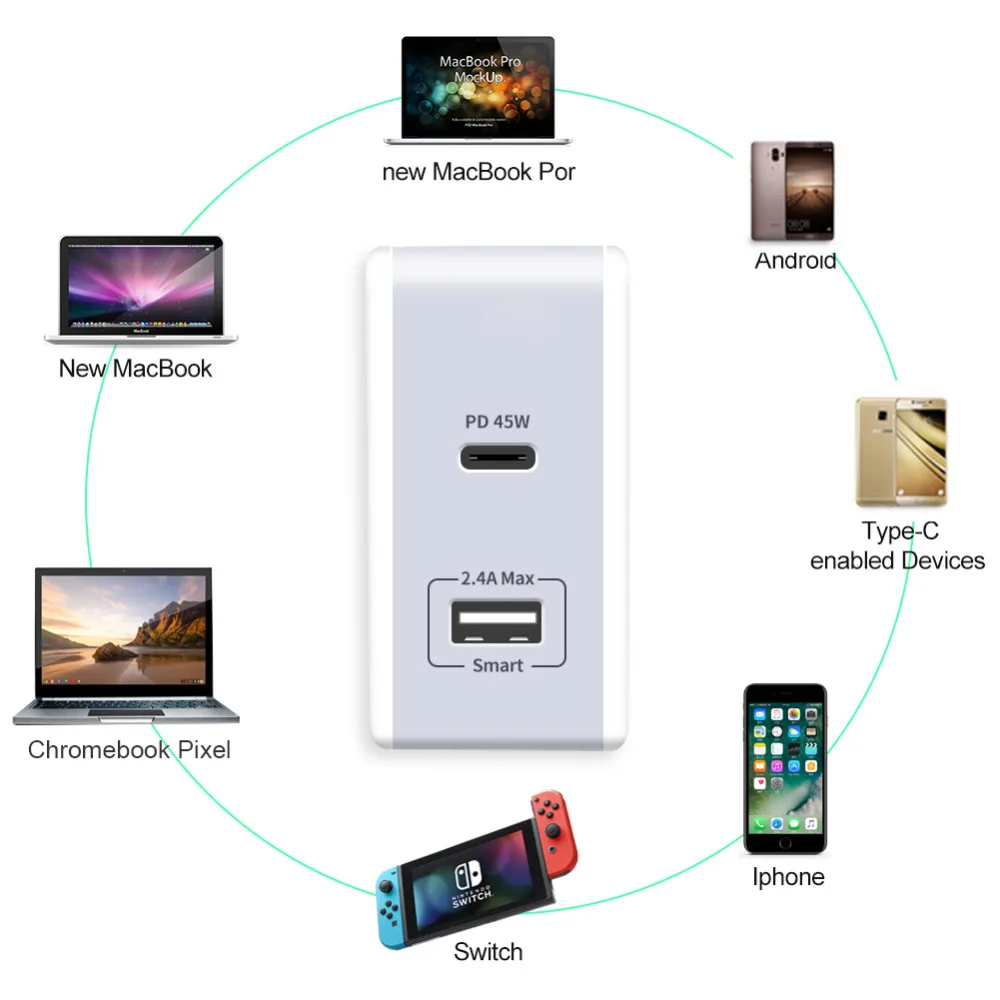 Yojock 57 Вт USB Type C PD зарядное устройство портативное QC3.0 для Nintendo Swith Xiaomi Huawei W/белый