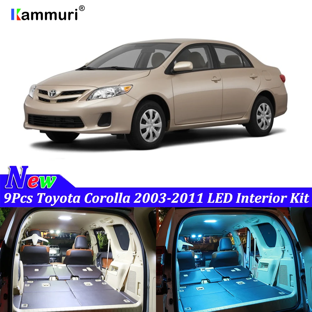 

KAMMURI 9pcs No Error White Car LED Interior Light Package Kit forToyota Corolla 2003 2004 2005 2006 2007 - 2011 Interior Light
