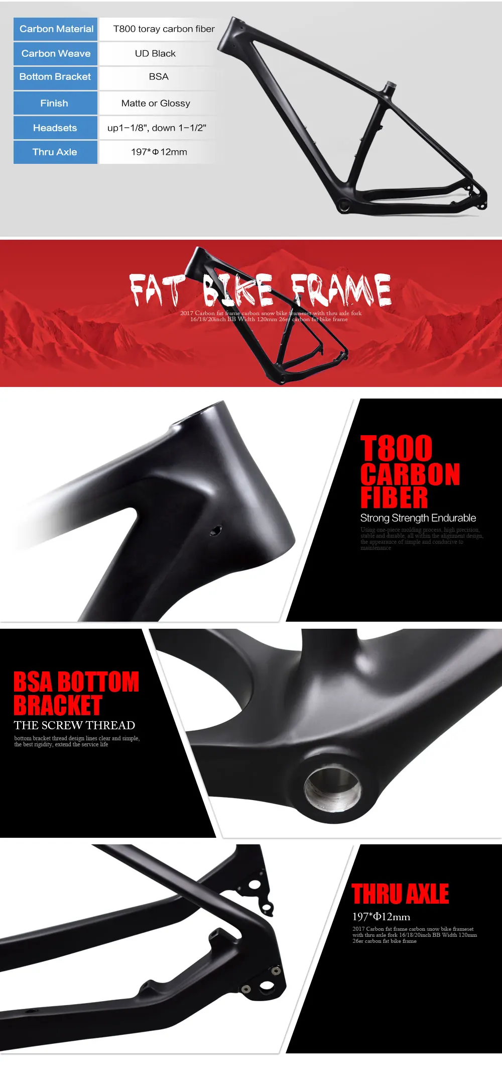 Top 26er Carbon Fat Bike Frame size in 16/18/20inch Carbon Fat Frame with clamp+headset BSA carbon snow bike frame 19 Top 26er Carbon Fat Bike Frame size in 16/18/20inch Carbon Fat Frame with clamp+headset BSA carbon snow bike frame 19