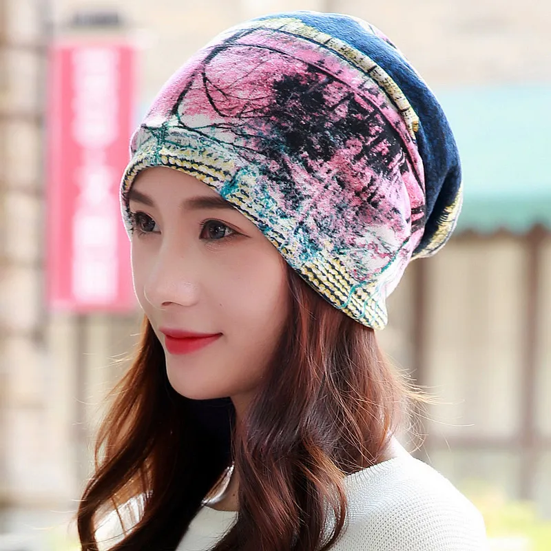 Long Keeper Hot! Women Hat Polyester Adult Casual Floral Women Hats Spring Autumn Female Cap Scarf 5 Colors Fashion Beanies - Цвет: tree red