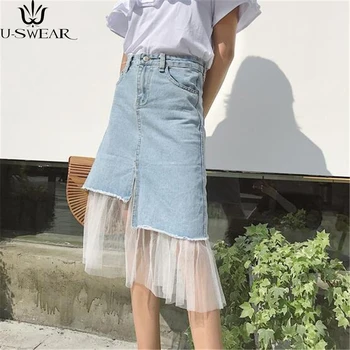 

2020 Spring New Korean Version of The Wild Mesh Yarn Stitching Skirt Female Retro High Waist Irregular Denim Tulle Skirt
