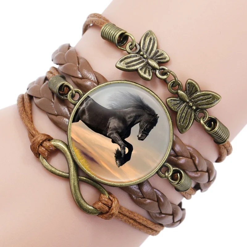 Мода лошадь кожа Бесконечность обруча браслет для женщин стеклянный кабошон ручной работы лошадь ювелирные изделия лучший подарок