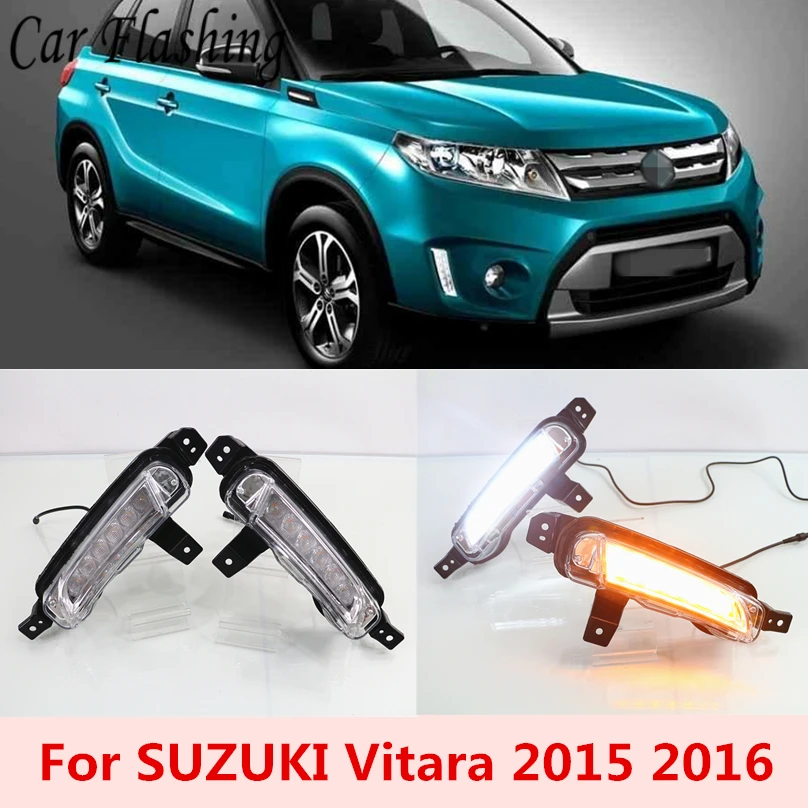 

Car Flashing led drl daytime running light 2PCS For SUZUKI Vitara 2015 -2018 with fog lamp hole cover function Signal light
