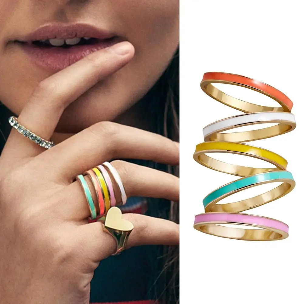 

5Pcs/Set Fashion Women Multicolor Enamel Stacking Midi Ring Party Jewelry Gift Ring multicolor simple small jewelry ring ring