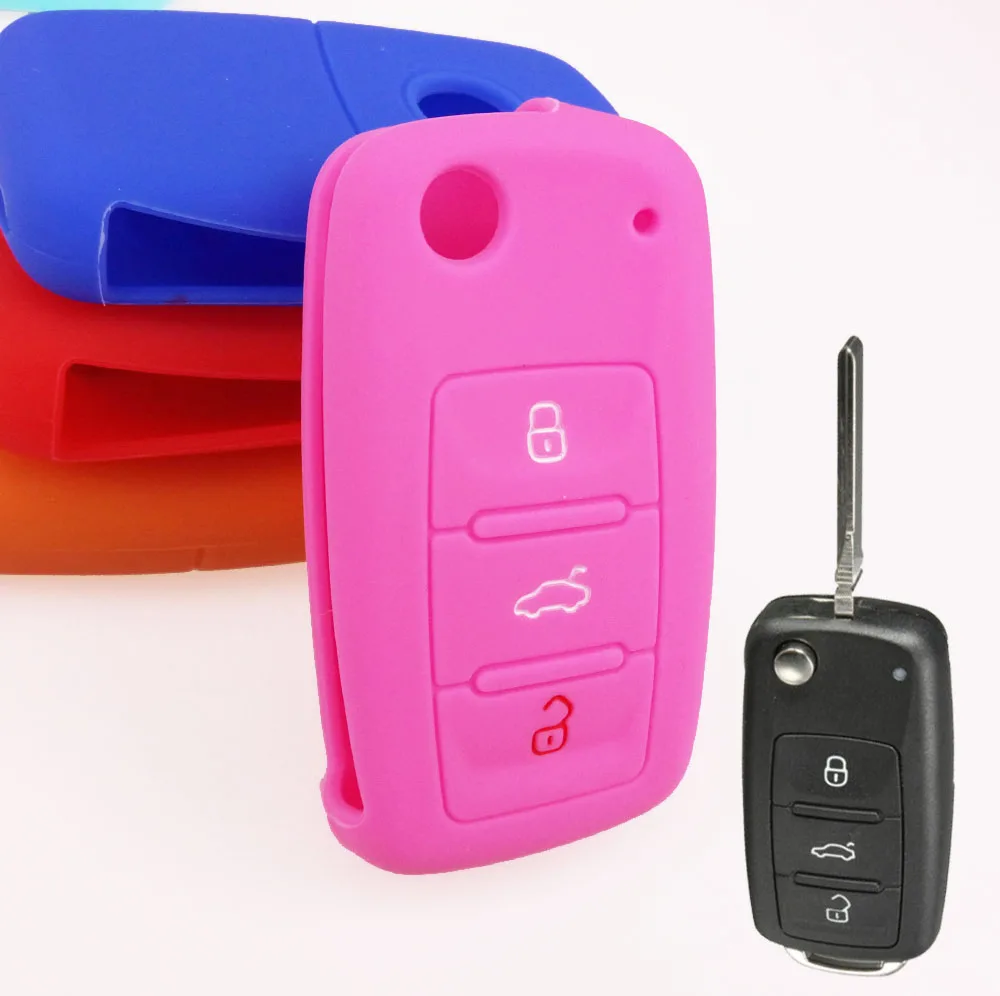 Силиконовые флип ключ подходит для VW Golf Polo Passat Skoda Octavia Seat Ibiza Altea Толедо Leon Cupra 3 кнопки дистанционного управления протектор - Название цвета: Pink