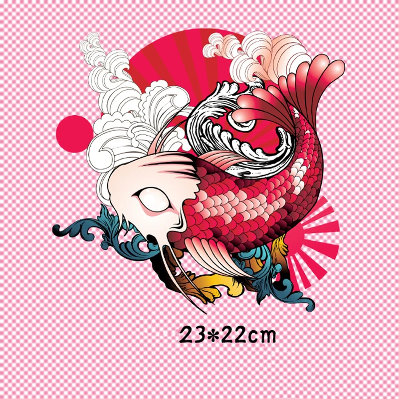 

23x22cm Japanese Style Carp Fish Patch T-shirt Press Sticker Washable Iron On Transfers Patches For Shirt Dress Bag