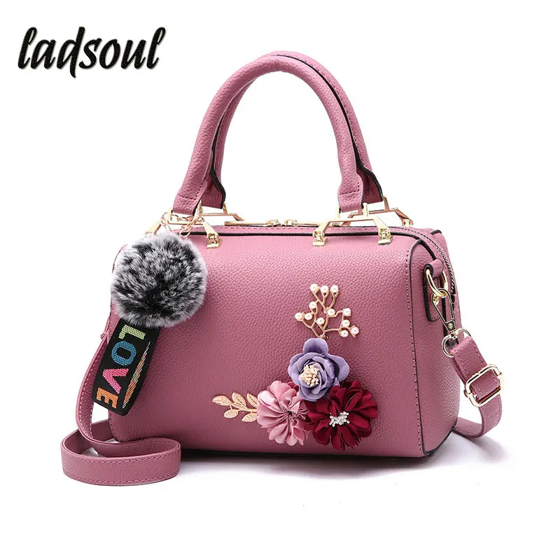

LADSOUL Floral Women's Leisure PU Leather Brand New Handbag Flowers Plush Pendant Shoulder Bag Large Capacity A9825/G