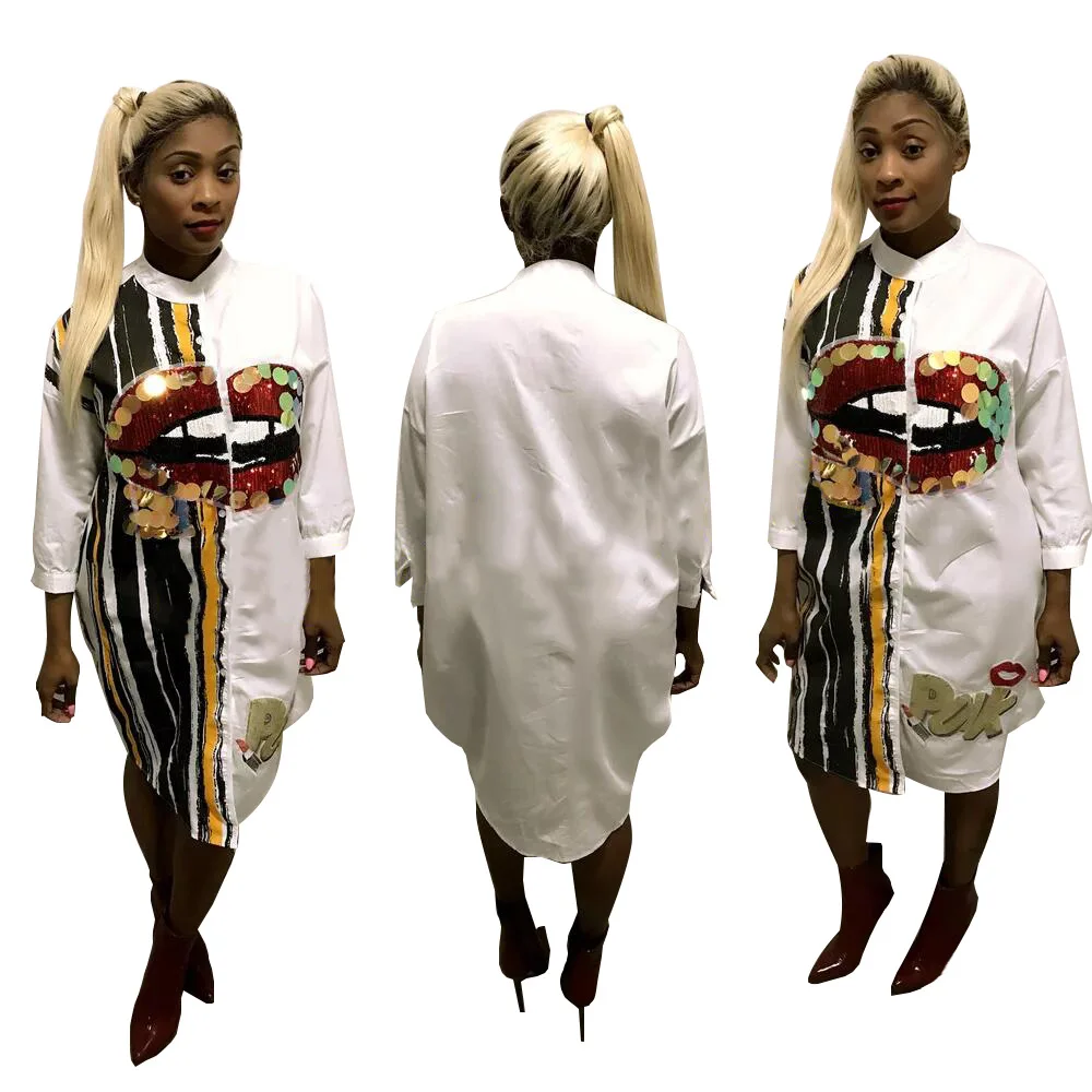 

Sparkle Sequins Printing Fashion Women Shirt Dresses Stand Neck Long Sleeve Button Knee Length Party Club Daily Casual Dress