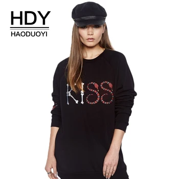 

HDY Haoduoyi Letters Printed Solid Black Women Sweatshirt Line O-Neck Long Sleeve Female Casual Loose Pullovers Lady Tops