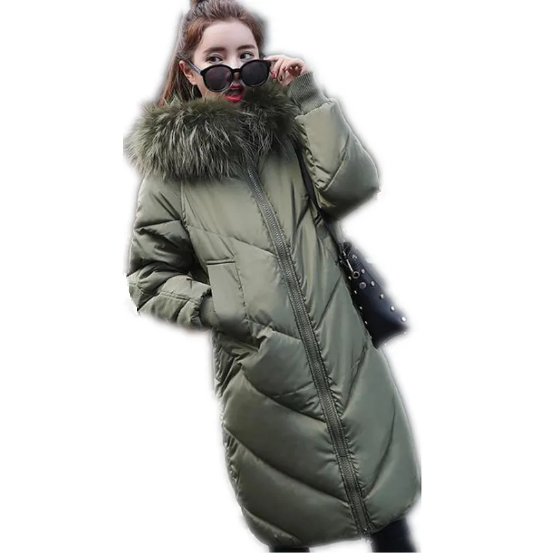 

High Quality Winter Women Parkas Large Fur Collar Hooded 2018 Fashion Female Medium-Long Down Cotton Jacket Office Lady CoatQ415