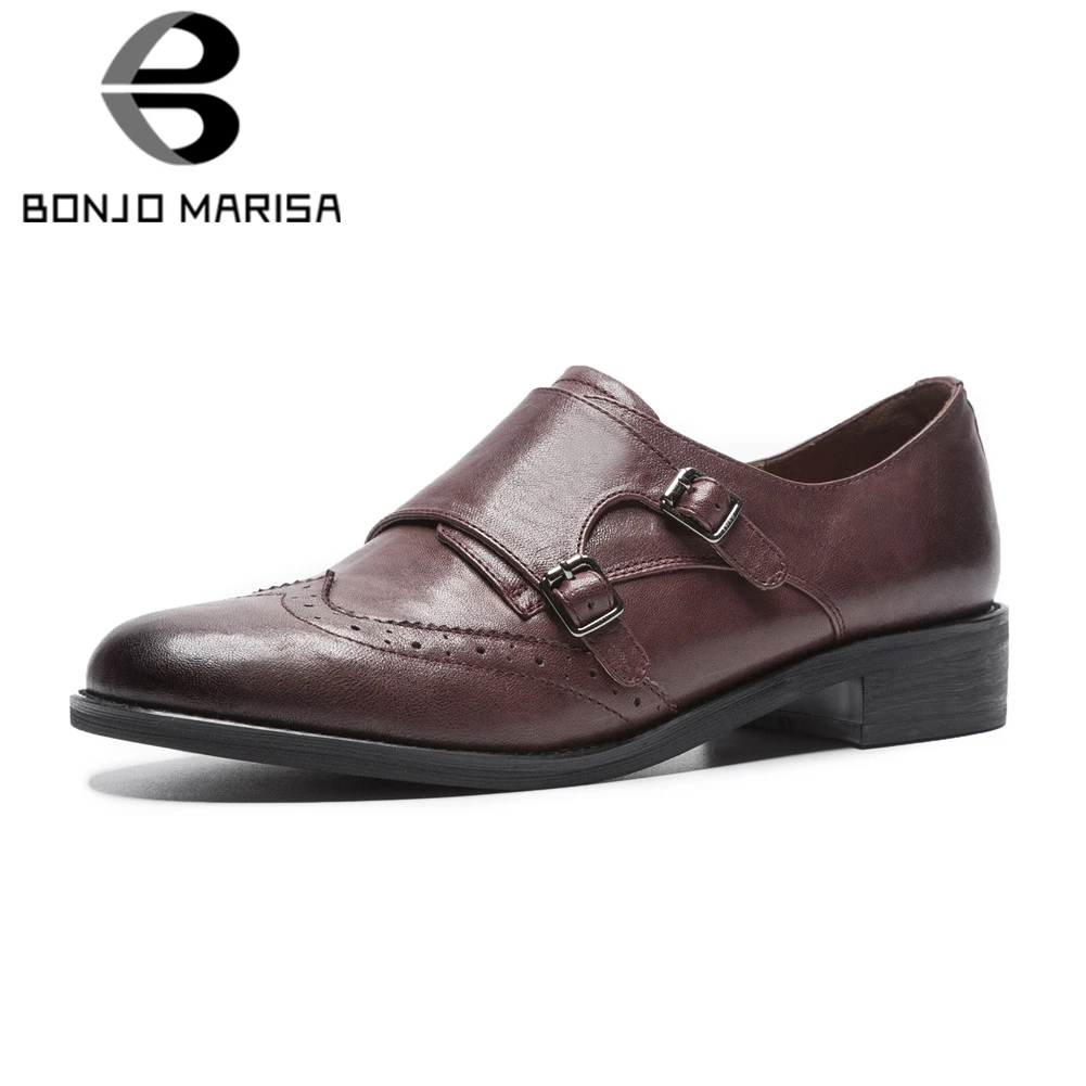 

BONJOMARISA Brand New Belt Buckle Genuine Leather Wide Low Heels Brogue Shoes Woman Casual Office Retro Spring Autumn Pumps