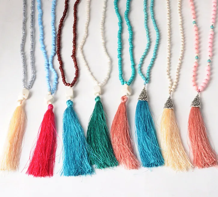 

2016 new fashion jewelry colorful stone beads vintage necklace mutilcolor rope tassel long necklace women