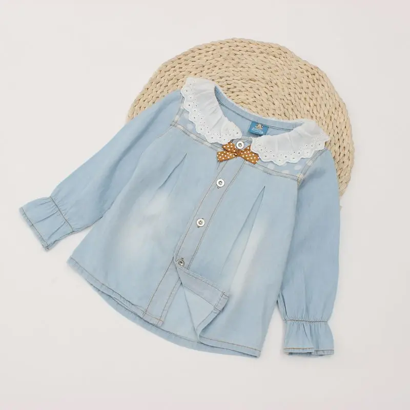 Джинсовые рубашки для девочек повседневная прочная джинсовая одежда весенняя детская одежда для маленьких девочек светло-голубого цвета с кружевным воротником