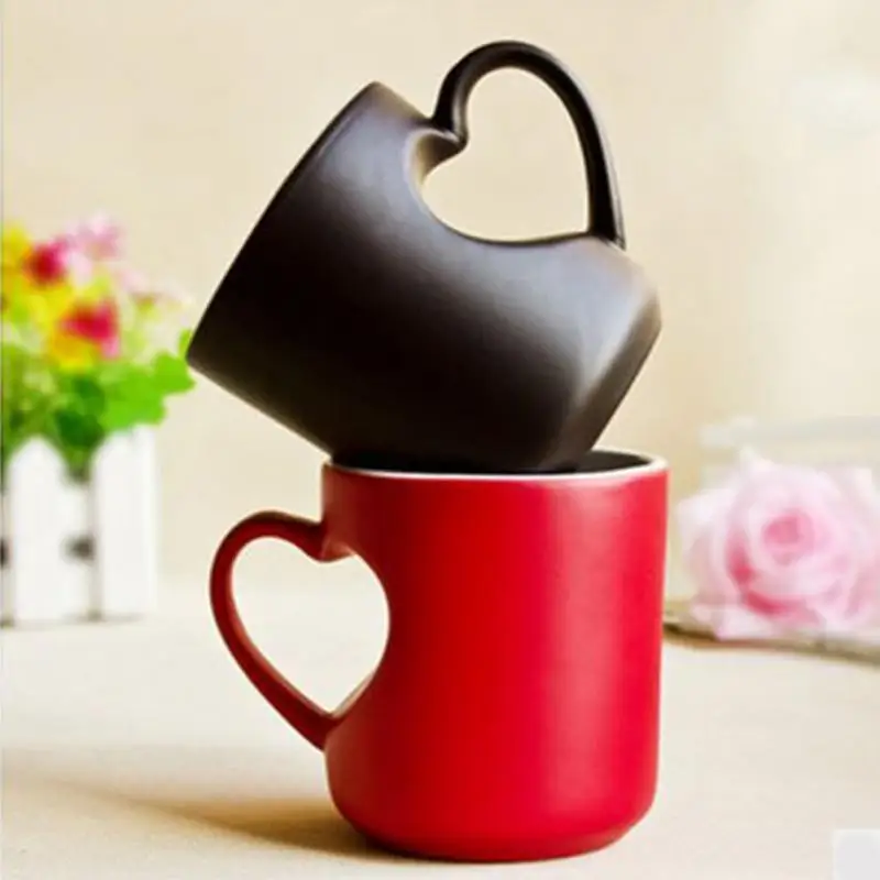 Coffee Tea Milk Mug Ceramics Heart Shape Handle Cartoon Pattern Hot Cold Heat Sensitive Color Changing