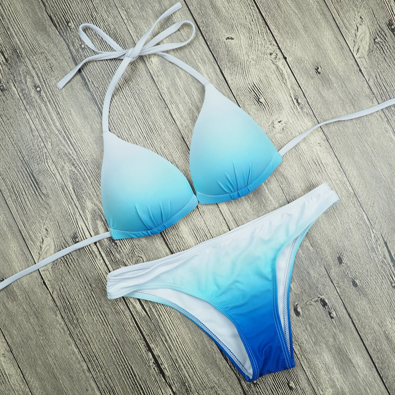 

2017 Woman Padding Push Up Bikinis Strappy Tie up Bikini Women Halter Swimwear Swimsuit Bathing Suit Sky Blue Gradient Color