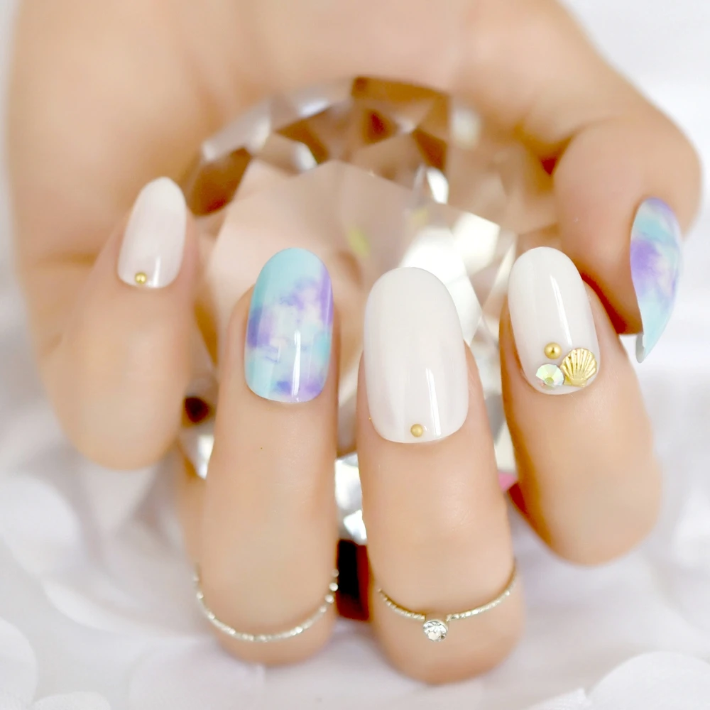 

24pcs Marble Pre-designed Nail Kit 3D Decoration Medium Round Fake False Nails for Lady Wear Faux Ongles with Glue Sticker Z888