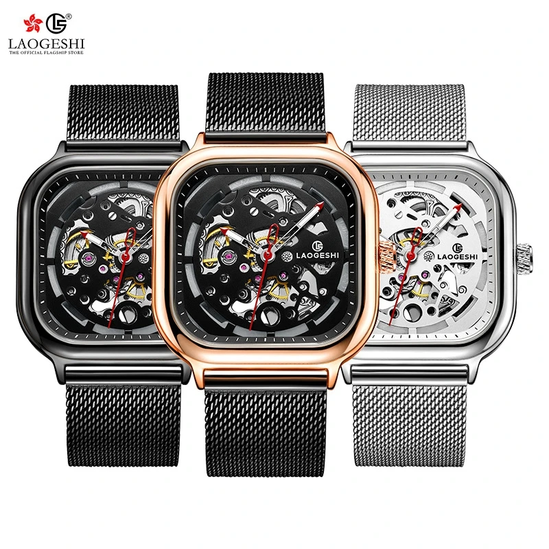 

LAOGESHI men's mechanical automatic watch steel mesh waterproof square fashion hollow male watches top brand luxury montre homme