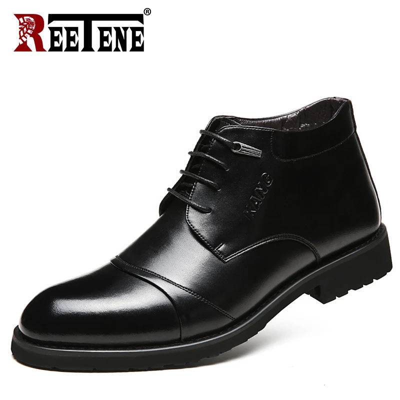 Najtaniej REETENE męskie buty sukienka biznes klasyczne skórzane buty zimowe ciepłe z aksamitne męskie skórzane buty moda męska buty ślubne