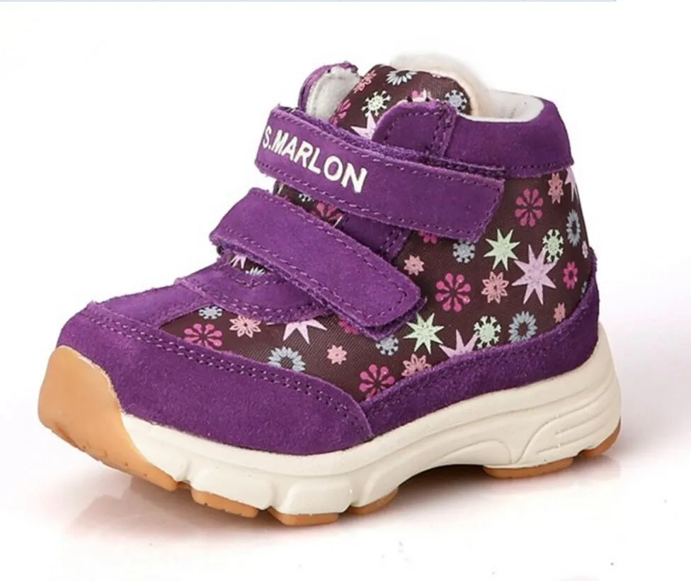 Зимние ботинки из натуральной кожи для малышей модные зимние ботинки унисекс с шерстью для мальчиков и девочек Нескользящие ботинки на липучке для маленьких детей - Цвет: Purple