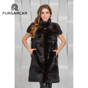 

FURSARCAR New 100% Real Mink Fur Vest Women Luxury Winter Fur Gilet With Standing Collar 90 CM Long Mink Fur Vest