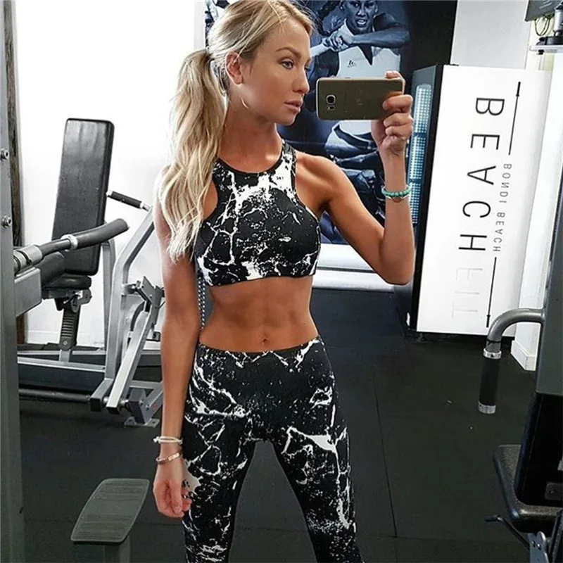 

2019 Gym Suit Women Tracksuit Ink Print 2 Piece Fitness Set Sportswear Bra and Leggings Tight Sports Yoga Wear Workout Clothing