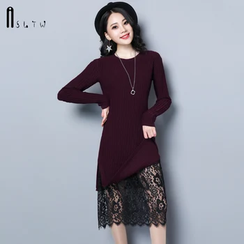 

ASLTW Long Sweater Dress For Women New Fashion Plus Size Long Sleeve Lace Hem Lady's Sweater Solid O Neck Pullover Sweater Dress