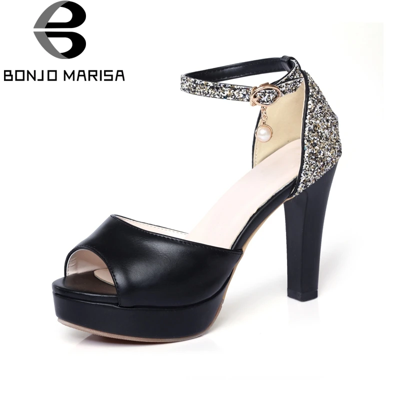 

BONJOMARISA New women's Ankle Strap Square High Heels Peep Toe Platform Shoes Woman Casual Summer Sandals Big Size 34-43