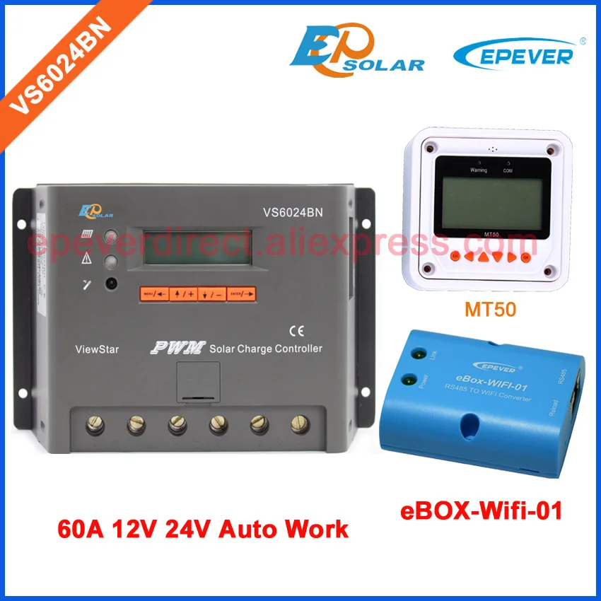 

PWM 60amp 12v 24 auto type EPEVER solar battery controller with eBOX-wifi-01 APP connect MT50 remote meter VS6024BN 60A