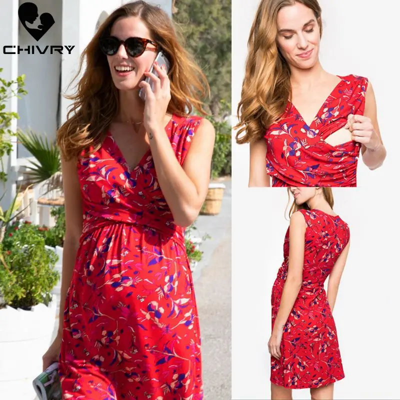 

2019 More Function Maternity Dresses Pregnancy Pregnant Nursing Breastfeeding Print Beach Dress Lactation Clothes Dress Vestidos