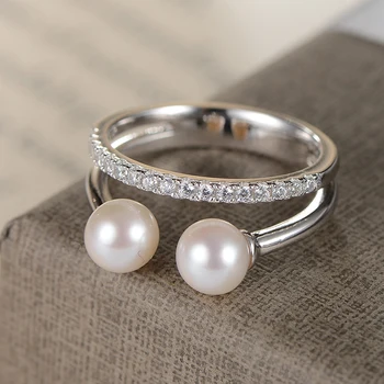 

gNpearl White Freshwater Double Pearl Ring 5-6mm Round Elegance Women Ring Zircon 925 Sterling Silver Trendy Jewelry Gift