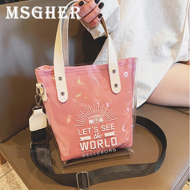 

MSGHER Clear PVC Top-handle Women Handbags Candy Color Jelly Shoulder Bags Transparent Purse Totes Lady Messenger Crossbody Bags