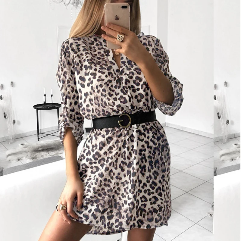 ELSVIOS New Spring V-Neck Shirt dress Snake Print Wrap Dress Bohemian Beach Flared Dress Women Autumn Short Casual Elegant Dress