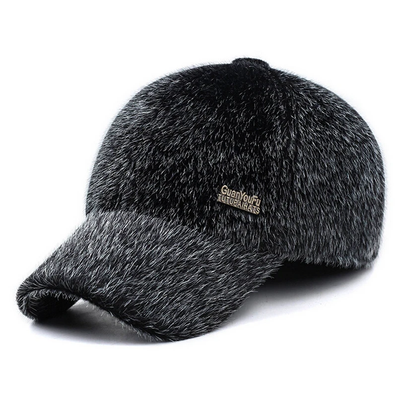 

New Winter Men Warm Baseball Caps with Ear Flaps Dad Father Faux Fur Hats Male Bone Snapback Hat Adjustable Fitted Best Gift