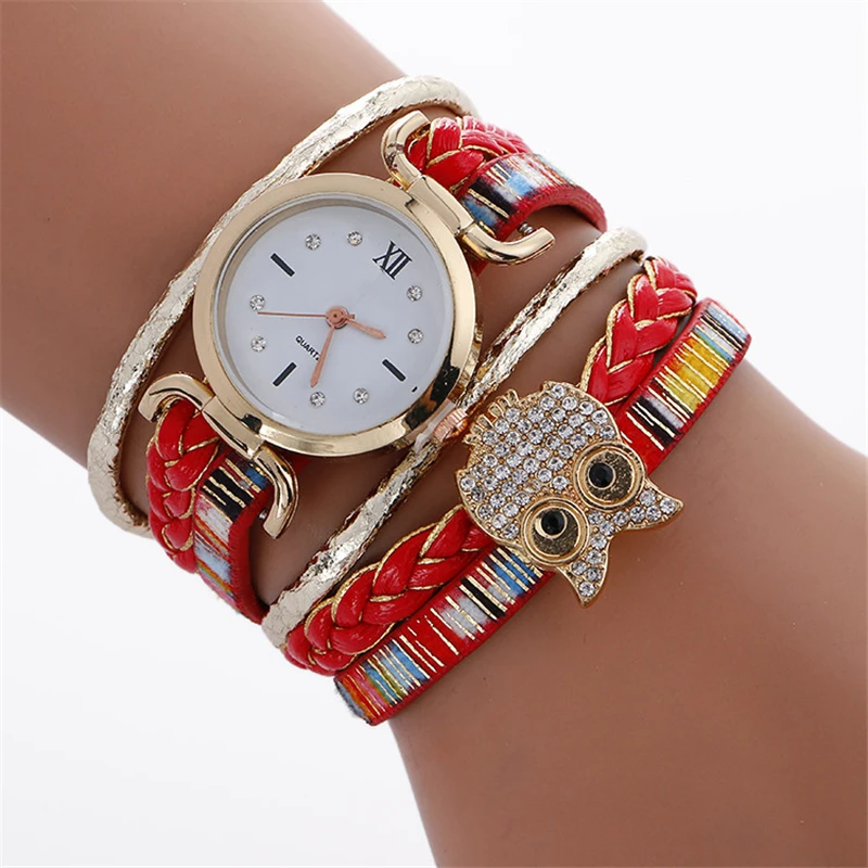 Роскошный бренд Сова круг кварцевые женские часы-браслет кожаный ремешок алмаз женские часы для женщин Девушка подарок часы Montre Femme