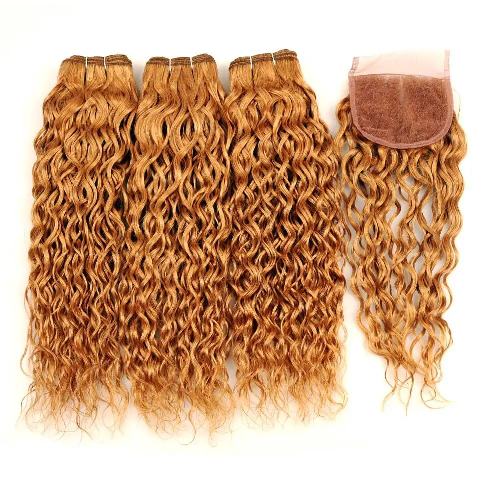 Волна воды бразильские волосы медовый блонд пучки с закрытием 27 человеческих волос ткет 3 пучка с закрытием кружева Pinshair Non Remy