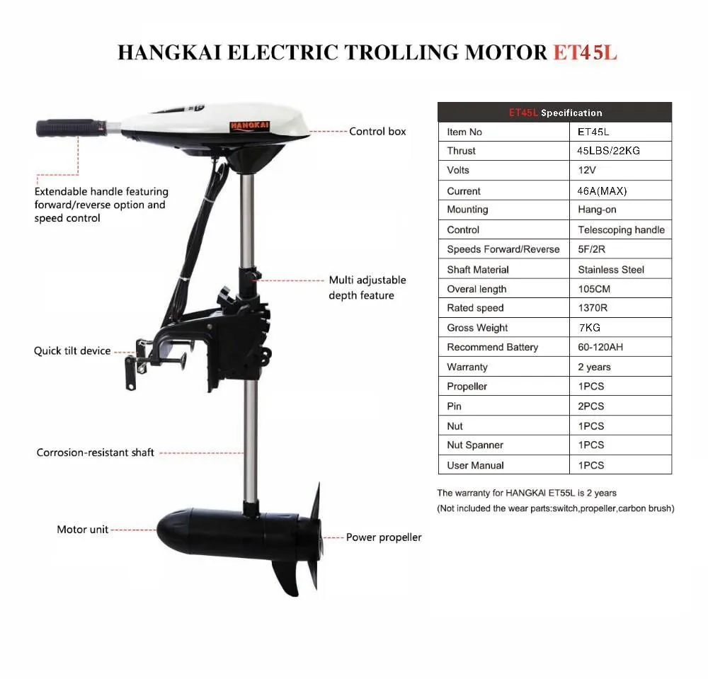 HANGKAI морской 45 фунтов тяга Электрический Подвесной Троллинг мотор белый лодочный мотор для соленой воды