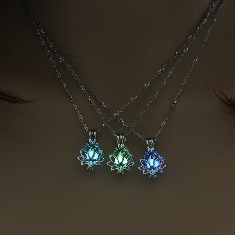 

Trendy Silver Color Alloy Lotus Flower Luminous Glow In The Dark Crescent Pendant Necklace For Women Jewelry