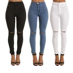 Модные женские туфли высокая талия Slim Fit джинсы брюки рваные колено узкие длинные джинсовые брюки-MX8