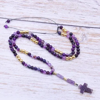 

6MM Natural purple striped stone beads Lucky natural cross pendants Necklace men Fashion men women Jewelry collar