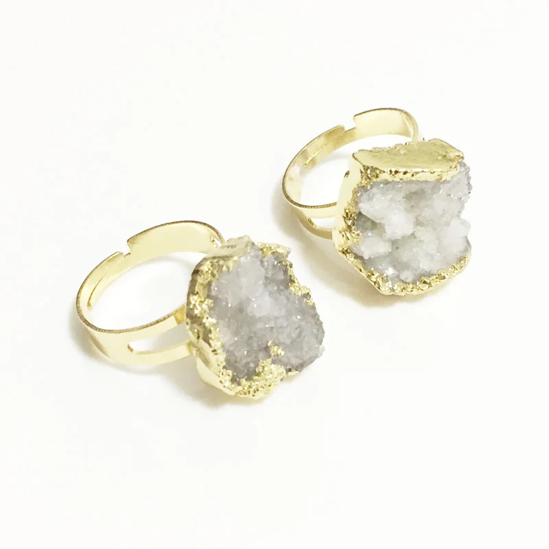 Золотое открытое регулируемое кольцо с натуральным белым кристаллом, женские кольца на палец из настоящего камня, прозрачные кварцевые кольца, свадебные ювелирные изделия
