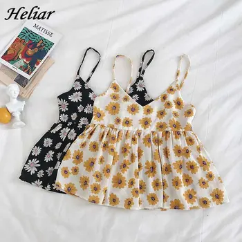 

HELIAR Chrysanthemum Printed Tank Tops Knitting Sexy Beach Spaghetti Floral Camis Female Casual Top Feminino Elastic Waist