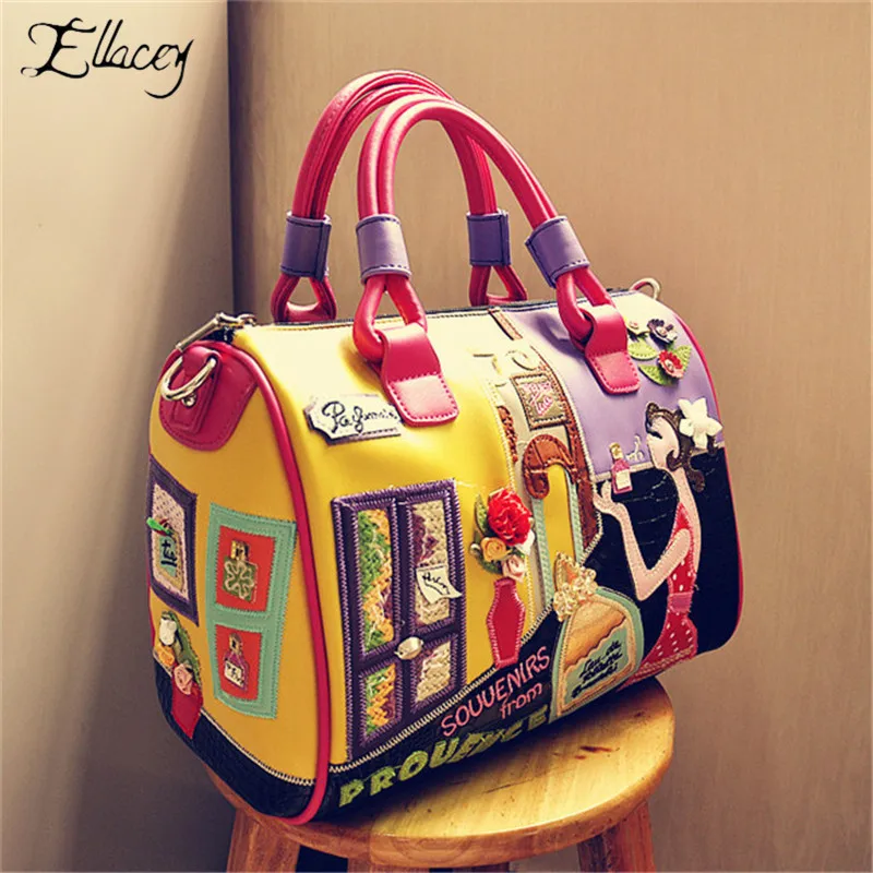 

European American Style Fashion Women'S Handbags Female Appliques Patchwork Creative Boston Bag Ladies Hand Bags