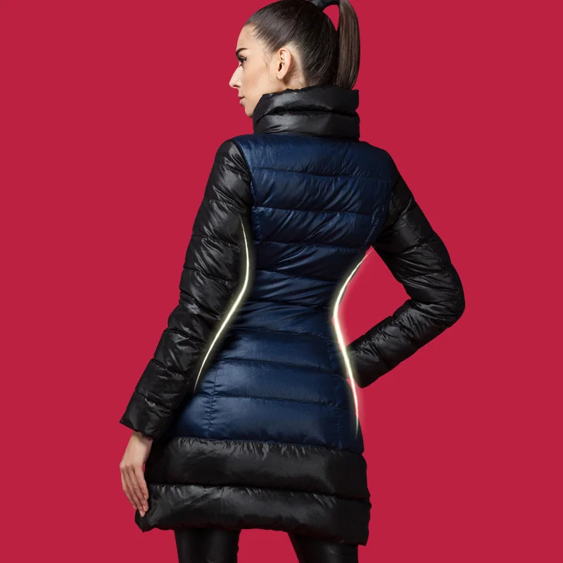 

2017 winter jacket women down jackets white duck down slim stand collar 3D patchwork blue medium-long down coat outerwear famous