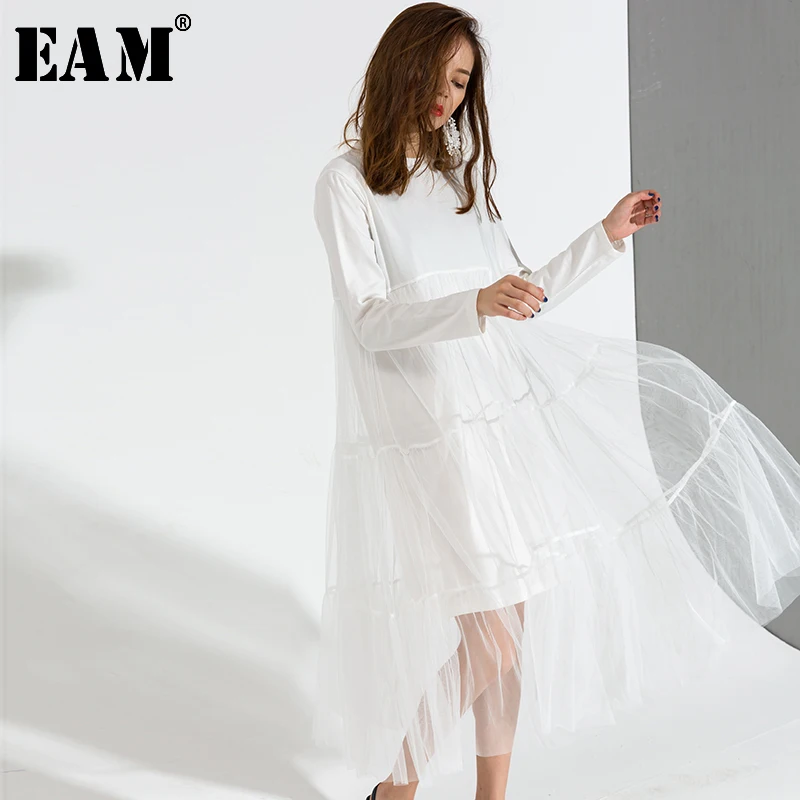 

[EAM] 2019 Hot New Spring Round Neck Long Sleeve Solid Color White Gauze Stitching Hem Loose Dress Women Fashion Tide AS336
