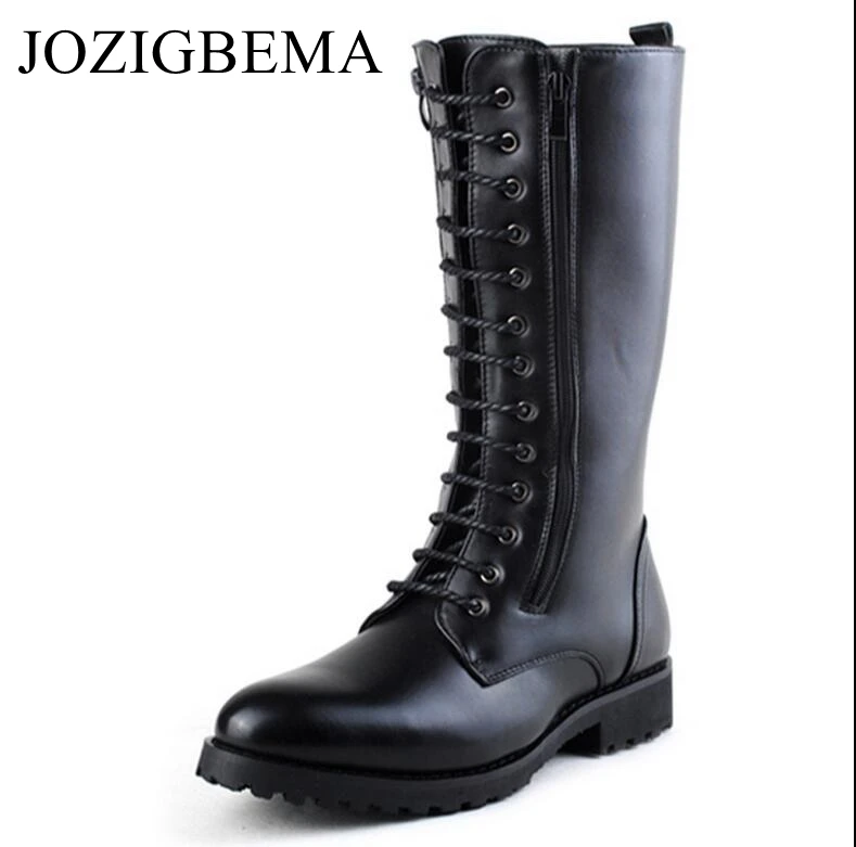 

JOZIGBEMA Men Long Boots Fashion Winter High Mid Calf Motorcycle Combat Boot Winter Man Zip Riding Army Keep Warm Add Wool Boots