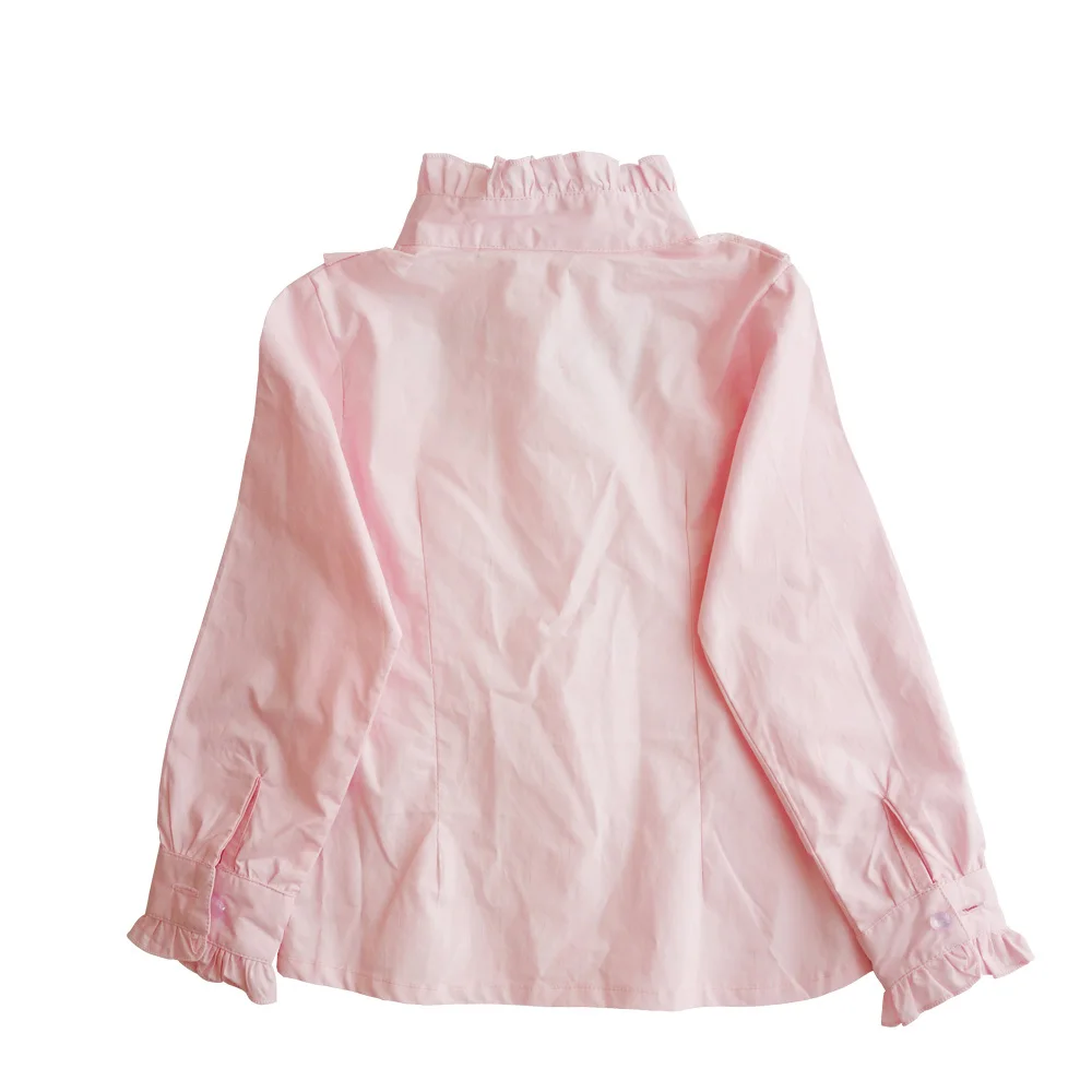 Коллекция года, весенне-осенняя блузка для маленьких девочек одежда розового и белого цвета Детская Хлопковая кружевная школьная рубашка с длинными рукавами для девочек топы для детей, DQ450