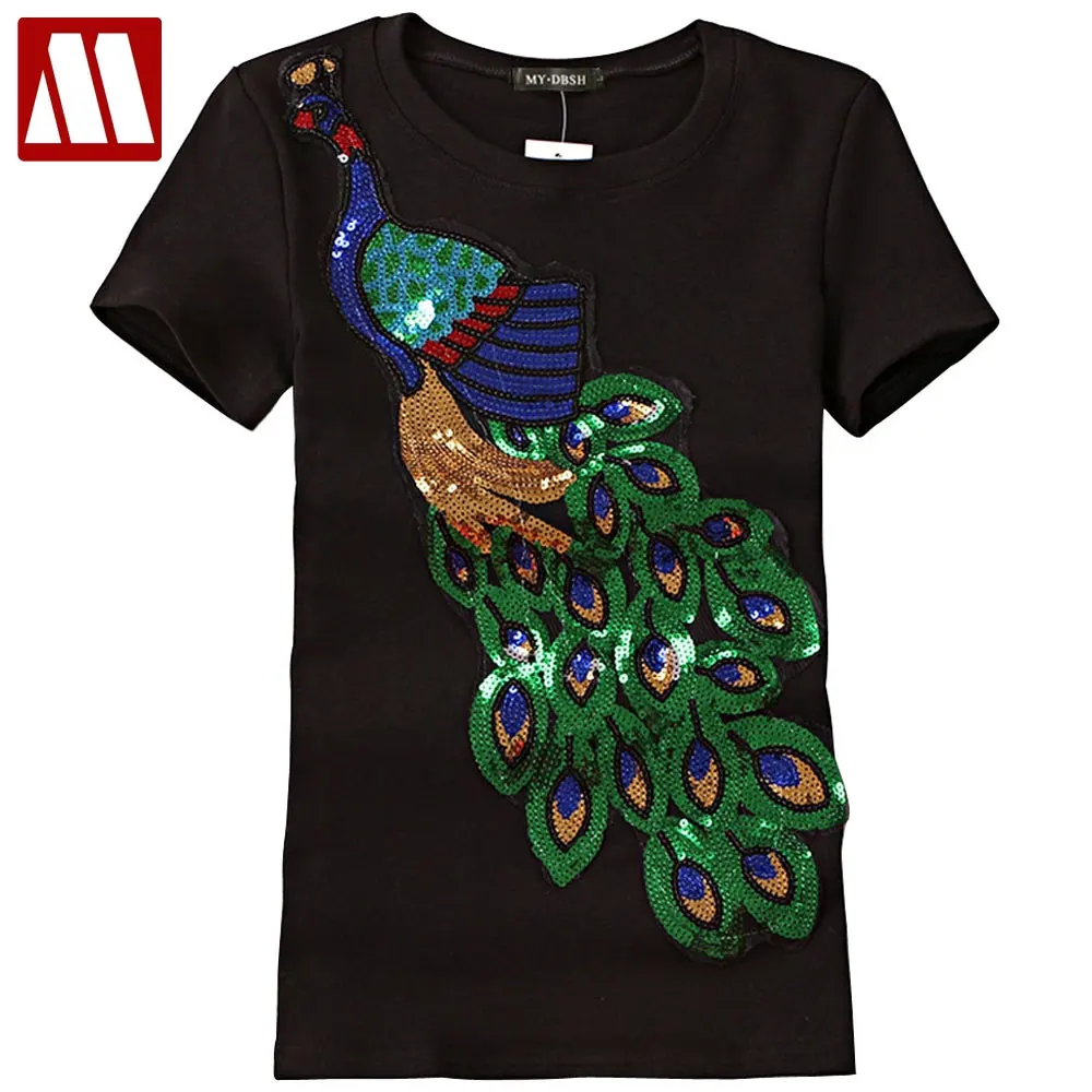 

2018 Noble Elegant T shirt Women Peacock Sequined Sequins T-shirt Womens Fashion New Top Tee Shirt Femmer Lady Sakura Clothes