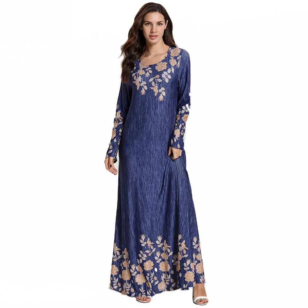 

Plus Size Muslim Dress Women Islamic Clothing Moroccan Flower Blue Abayas Ladies Long Kaftans Robe Dubai Abaya Turkish Clothes